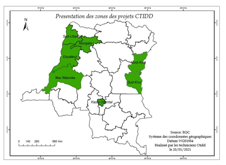 Provinces d’actions prioritaires du CTIDD : Mongala, Sud Ubangi, Équateur, Nord Kivu, Sud Kivu, Maindombe et Kasaï Oriental